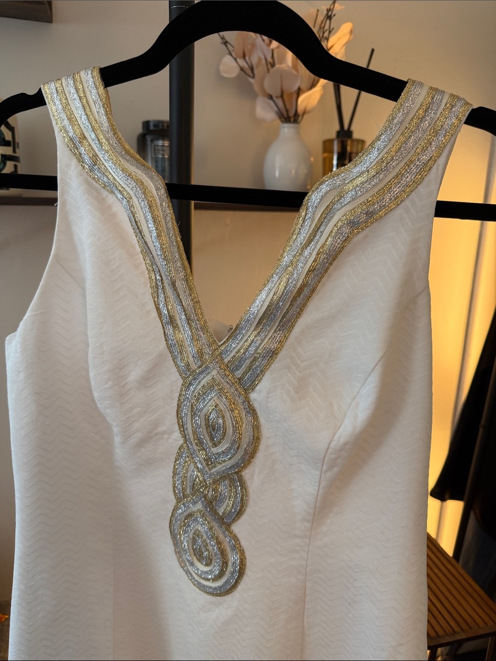 White Sleeveless Dress with Gold & Silver Embellished V-Neck